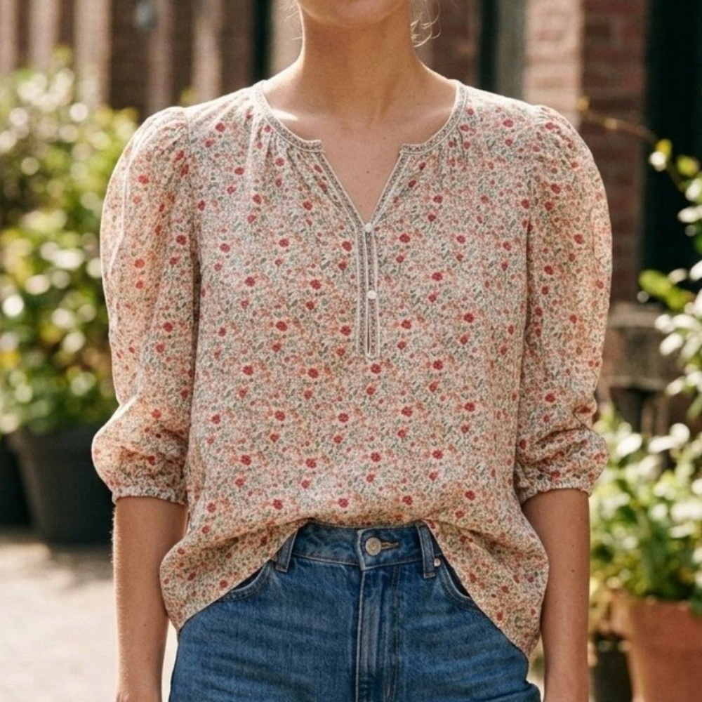 Max Studio Floral Pintuck Peasant Blouse in Cream and Pink